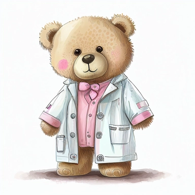 Cute Pink teddy as a doctor in a white coat, handpainted, clipart, white background