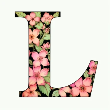 clipart of a thin black letter L decorated with cherry blossoms and leaves on a white background, the cherry blossoms are pink and the leaves are green, the letter is L in the style of stylistic, elegant, celebratory, familial, congregatory