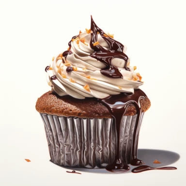 incredible detailed acrylic hyperrealism painted , dark chocolate cupcake with high dark brown glossy cream, white chocolate topping, clipart, hyperrealism, clear picture in high resolution, highlights , white background, appetizing, clear and contrast image, reflections, very detailed drawing, menu illustration, realism, high quality, lighting like in a photo studio, advertising, hd