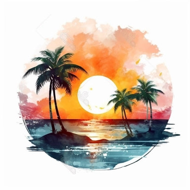 Clipart on white background Beach Sunset landscape water color