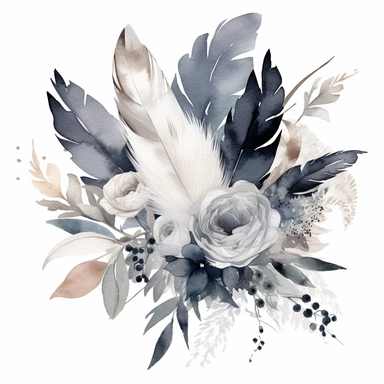 Watercolor dusty greay and white feathers bouquet clipart white background no text wedding style eligible for transparent background