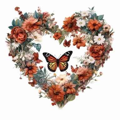 clipart style image of a hollow heart shape made up of flowers and butterflies