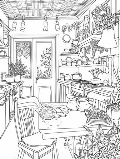 An Adult Coloring Book Featuring Fun and Relaxing Interior Home Designs with Beautifully Furnished Rooms and Welcoming Outdoor Spaces, coloring page line art, black and white clipart for coloring page, simple and clean line art, illustration style,