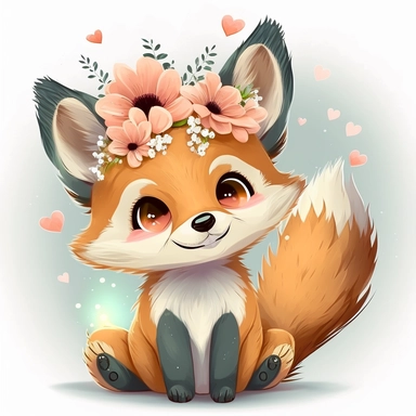 little baby fox, with hearts flying, smiling, flowers, with lights, cute, clipart, kawaii, disney, detailed, ultra high definition