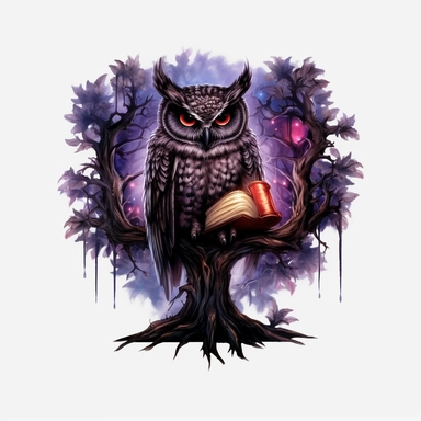 Watercolour dark fantasy black royal gothic deadly nightshade tree stood with dark magic books with deadly nightshade lanterns magnificent gothic owl stood on tree with mesmerising compelling features perfect magnificent detailed wings beautiful compelling realistic eyes PNG image ultra highly detailed, 18k, sharp focus, bright photo with rich colours digitally enhanced, enhanced graphics, straight, sharp focus, bright lighting, intricate detailed png image ,high definition,300dpi,graphic clipar