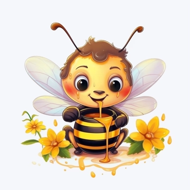 cute bee with honey pot eating honey and flowers realistic white background cartoon style Sublimation Clipart Graphic