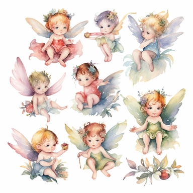 Lovely watercolor set of baby fairies clipart, with wings, in different colors and positions, by walt disney, white background