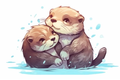 Design a heart-melting anime-style vector clipart of a parent otter cuddling with its baby otter, showcasing the strong bond and affection between them. Viewed from a tender perspective, HD, spaced out, on white background