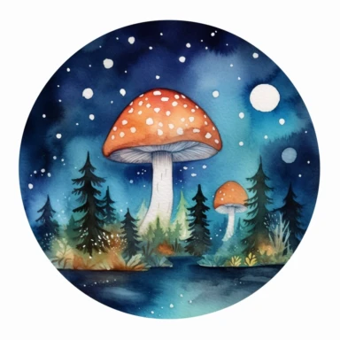 watercolor Celestial Mushroom Landscape clipart: Design a dreamy watercolor clipart of a mushroom-filled landscape with a night sky adorned with stars, planets, and cosmic energy 5*5 inch white background