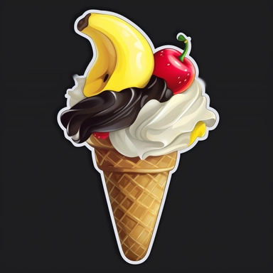 clipart sticker, 3d banana split, isolated on black background