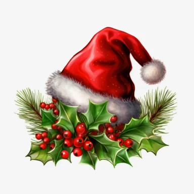 red santa claus hat and small Holly Berries Plant Isolate on Hat lateral view, clipart, transparent background, clear background, green leaves, high resolution, watercolor, vector, 12k, 300 dpi
