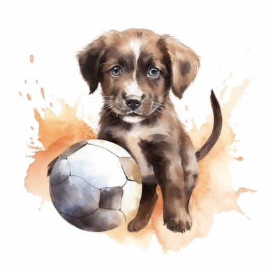 Watercolor puppy playing, with ball that resembles a world globe Clipart - cute puppy , Colour of brindle brown and cream, white background, vector art, high definition, clip art, ar 2:2