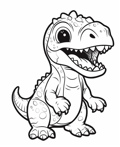Sticker Clip Art of a cute T-Rex for Childrens Coloring Book Page, simple vector lines, children friendly, illustrated in a playful and style in black lines with white background, perfect for any special occasion, cut out in the shape of a T-Rex, with no visible background, giving it the appearance of a sticker, conveying a mystical and whimsical mood, edited with Adobe Photoshop to adjust brightness and contrast, rendered as a transparent PNG file with a high resolution to ensure a crisp and cl