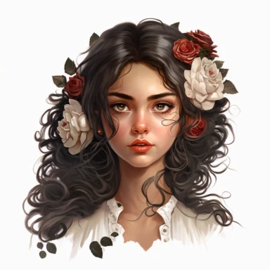 Striking boho girl in clipart style, hair cascading to one side adorned with detailed roses, captivating large eyes and full lips, gazing directly at the camera, Portrait style, white minimalist background, 8K rendering