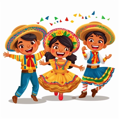 kids dancing mexican regional, cartoon style, brazilian junina party, clipart