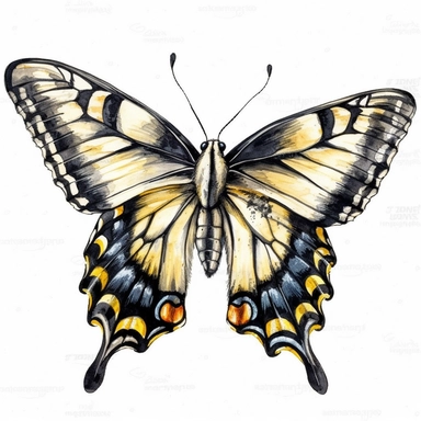 Create clean watercolour clipart of the Tiger Swallowtail butterfly with its distinctive yellow and black striped wings and delicate markings, in HD and vibrant colors on a white background.