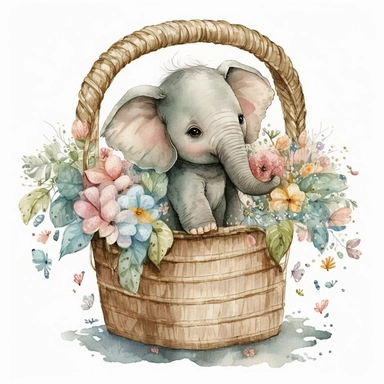 watercolor cute baby elephant character in a basket with flowers, big eyes, clipart, isolated object, white background, chinese watercolor painting, highly detailed