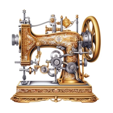 Vintage-inspired antique gold steampunk sewing machine with intricate clockwork mechanisms. Pastel clipart, hyper-realistic, retro-futurism, solid white background