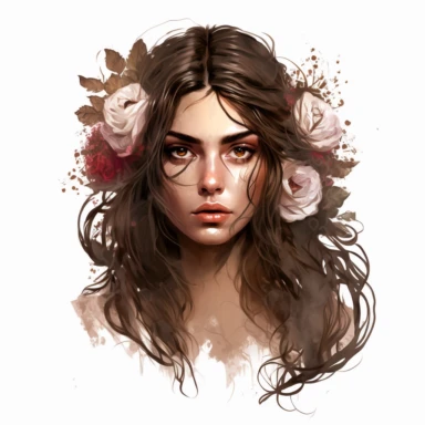 Striking boho girl in clipart style, hair cascading to one side adorned with detailed roses on one side, captivating large eyes and full lips, gazing directly at the camera, Portrait style, white minimalist background, 8K rendering