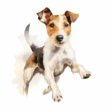 A watercolor painting of a playful Fox Terrier, capturing its energetic nature and distinctive markings, with a white background and watercolor clipart.