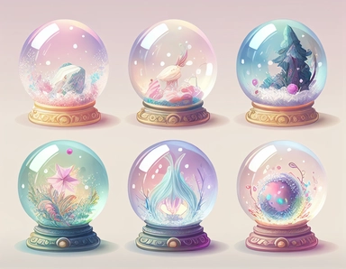 6 magical pastel crystal ball, clipart, pixel art, deep colours, white background, watercolour illustration style, dreamy, clear border around, 8k, intricate detailed , 8k, png