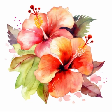 Watercolor Tropical Hibiscus Clipart by Thomas W. Schallerof: A vibrant and exotic design featuring tropical hibiscus flowers in shades of pink, orange, and red on a white background. The flowers are different-size and bold, while the leaves are thick and tropical, creating a lively and festive composition