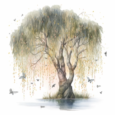 watercolor, hyper realistic, white background, white margins, 16k, ultra detailed clipart, cut out image, hand-drawn illustration style for picture books A group of fireflies flying around a weeping willow tree with golden leaves and a pale pink glow.