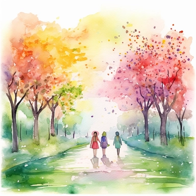 Create a charming watercolor clipart of a person or a group of people strolling through a vibrant spring landscape. Paint the figures with light and airy colors, and depict them surrounded by blooming flowers, blossoming trees, and lush green grass. Add a beautiful rainbow stretching across the sky, arching over the scene. Capture the joy and sense of rejuvenation that comes with exploring nature during the spring season.