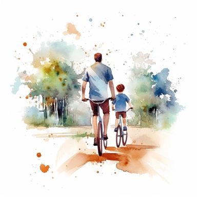 Father and child enjoying a bike ride or going for a walk in the neighborhood, water color style, clipart, white background