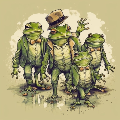a unique and creative high resolution watercolor clipart of a gang of frogs posing with humanoid body