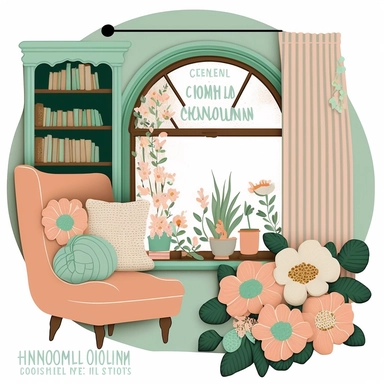 Bookworm cozy reading corner, flowers, window, mint green and peach color, clipart