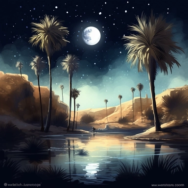 clipart style, watercolor scene of A serene illustration of an Enigmatic Desert Oasis, featuring a moonlit night sky filled with stars. The oasis shimmers under the moon's light, its calm waters reflecting the beauty of the celestial display above. Palm trees sway gently, and a group of camels rests nearby, adding to the allure and enigma of the scene, HD, on white background