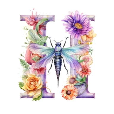 Beautiful Pastel Dragonfly Flower Alphabet Letter  H  Watercolor Clipart, Cartoon, hyper realistic, intricate detail, illustration style, high solution, on the white background