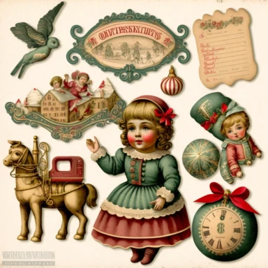 die-cut christmas clipart vintage ephemera, victorian toys, photorealistic drawing, isolated on white background, NO: [“watermark, signature, write, number, word”]