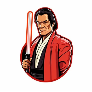 Antonio Inoki as Jedi Knight with red lightsaber, simple comic style, sticker, illustration , vector, clipart, white background