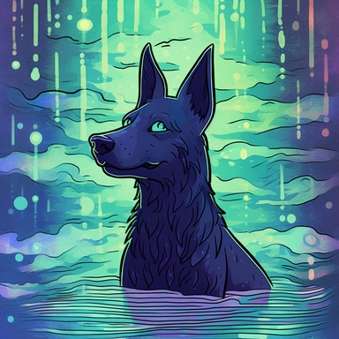 Create a cartoon-style clipart of an iridescent kelpie shrouded in water. The kelpie should have a glow that reflects off the water, and the background should be plain and highly contrasted to make the drawing pop. The goal is to create a whimsical and playful image that captures the essence of this mythical creature. Be sure to incorporate shades of blue and green to emphasize the watery environment.