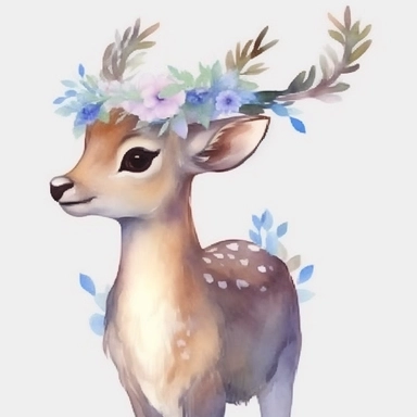 beautiful deer with antler Clip Art, blue flowers, clear Background, whole body, Aquarell, kuwaii Chibi, mich Detail
