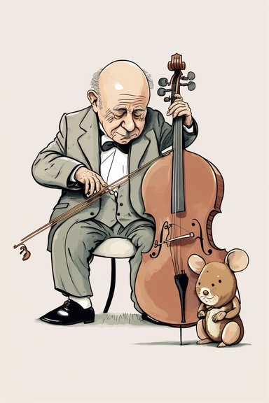 Pablo Casals with cello, illustration by Beatrix Potter, 8k, no shadow, white background, clean background, no items in the background, svh clipart style, png, solid white background
