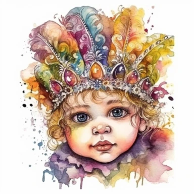 cute baby girl wearring carnival mask, mardi gras, kaluta art style pen and ink watercolor clipart,isolated on white background