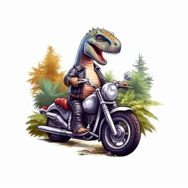 Create a clipart of a cute brontosaurus in a leather jacket riding a vintage motorcycle. Strong and aggressive colors. Jungle trees before a White Background, soft lighting.