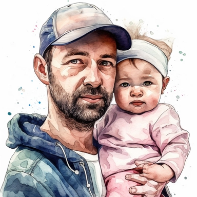 DESIGN A MAGNIFICENT AND EXQUISITE BREATHTAKING ONE-OF-A-KIND HIGH QUALITY HIGHLY DETAILED MASTERPIECE WATERCOLOR CLIPART ILLUSTRATION OF A man holding a child, in the style of digital airbrushing, realistic watercolor paintings, wes benscoter, realist detail, mike judge, free-associative, simplified, ULTRA REALISTIC, PHOTO REALISM, WHITE BACKGROUND, NO FONT, NO TEXT, NO WORDS, NO WATERMARK