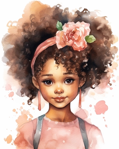 a little afro girl portrait in watercolor Disney style clipart on white background, hugh eyes, sarah kay, holly hobbies, valentines day