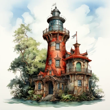 Fantasy lighthouse Clipart, Watercolor, hyper realistic, intricate detail, illustration style, high resolution, on the white background