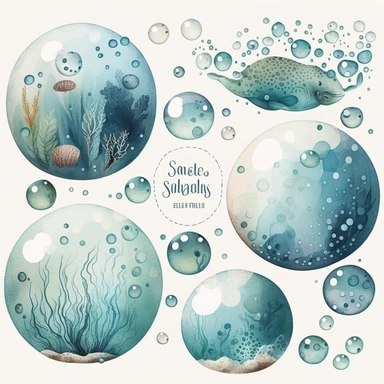 sea bubbles clipart, in the style of muted and subtle tones, cartoon, close up, booru, wimmelbilder, hand-painted details, charming characters, thick texture, blue hues