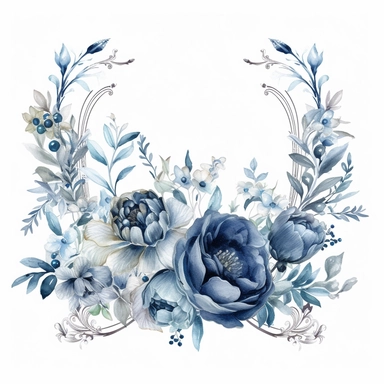 Watercolour clipart of a flower rectangle frame, for wedding invitation, white and blue victorian theme , wedding theme, high quality of details, white background