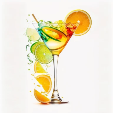 best colours, white background, no text, clipart of a zesty citrus cocktail in a martini glass, displaying a burst of vibrant yellow colors from lemon, lime, and orange slices, with a sugared rim for added flair.