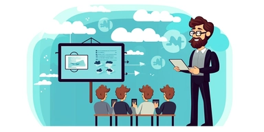 Modern clipart of a man with a pony-tail giving a presentation of a communication web application using a beamer in front of a medium-sized audience