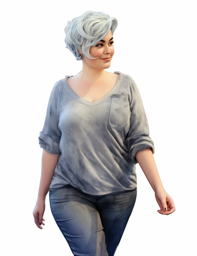 Realistic watercolor full body glamourous fat woman with casual blouse and jeans and heels, beautiful fat woman face with long eyelashes glamourous style, 35 year old lady with grey short hair, clipart, cozy, bright warm colors, 1500x500 pixels, walking in the park, Children's Book Character, watercolor illustration, realistic, 8k,