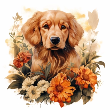 high detailed, Hand drawn watercolor clipart of golden retriever puppy with flowers and plants, Watercolor, art nouveau , on a white background