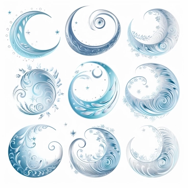 beautiful moon symbols in white, pale blue and silver, white background, vector-style, clipart collection